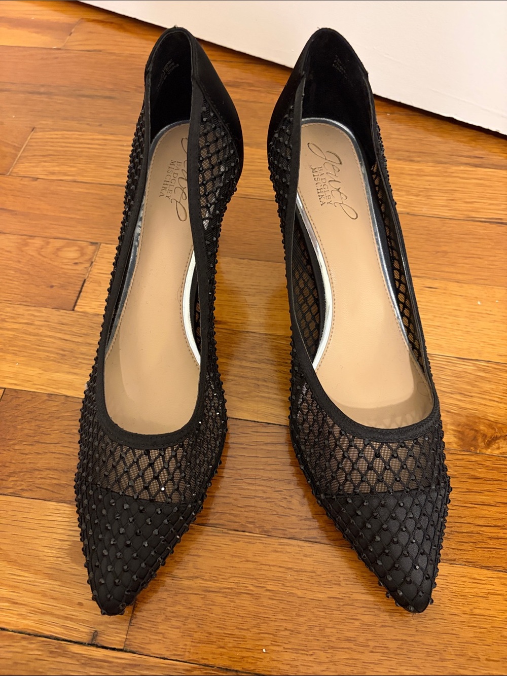 Jewel Badgley Mischka Black Mesh Pointed-Toe Studded Pumps
